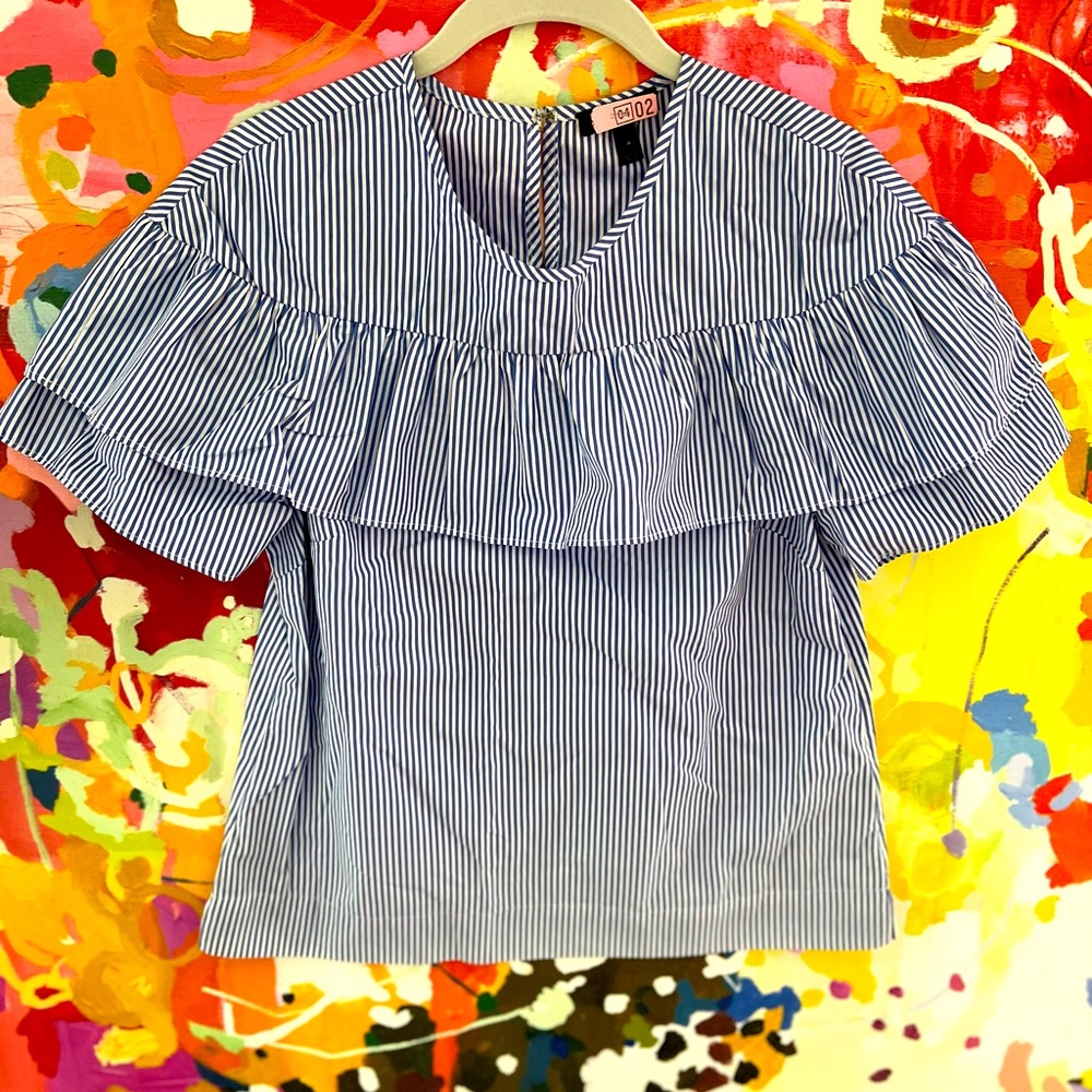 JCrew Blue and White stripe ruffle top size 4